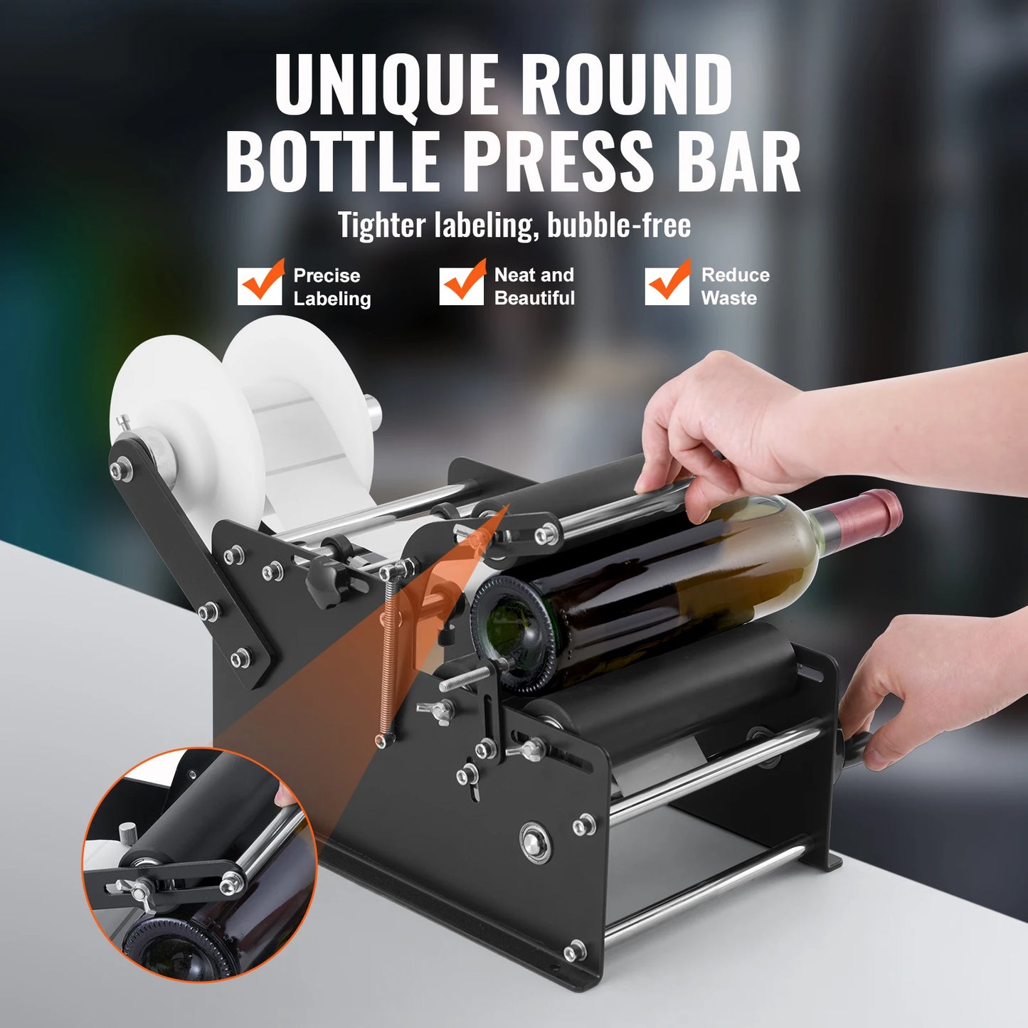 VEVOR Manual Round Bottle Labeling Machine 15-20pcs/min Adjustable Labeler for Bottles Diameter 0.78-4.72 in (with Pressing Bar)